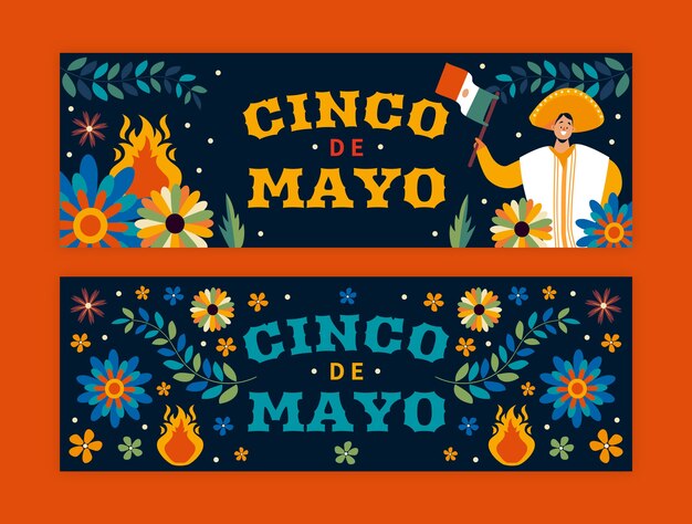 플랫 cinco de mayo 가로 배너 팩