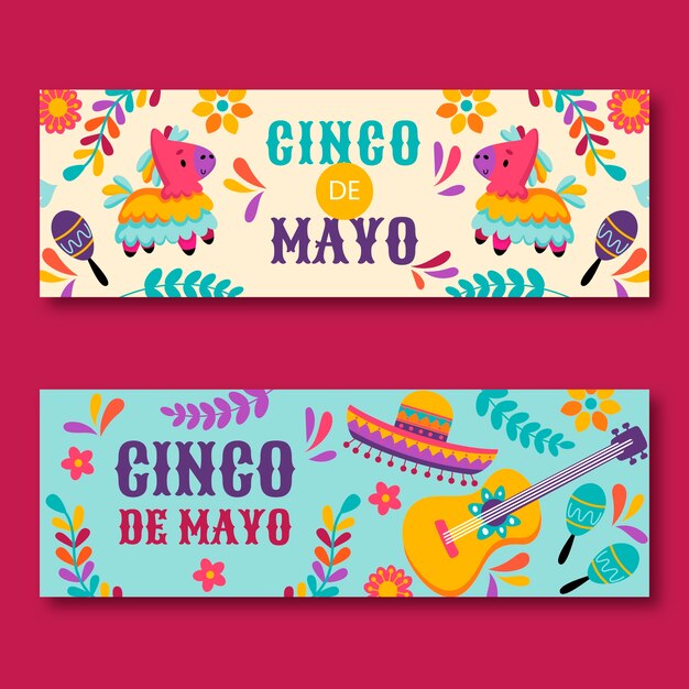 Vettore gratuito pacchetto banner orizzontale cinco de mayo piatto