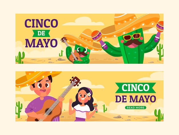 Flat cinco de mayo horizontal banners pack