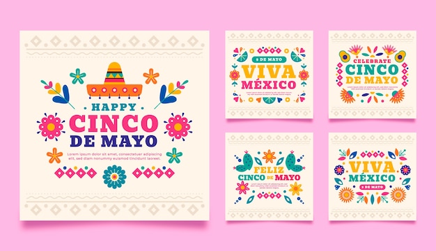 Vettore gratuito collezione di post instagram flat cinco de mayo