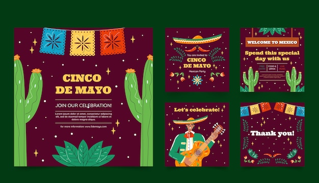 Free vector flat cinco de mayo instagram posts collection