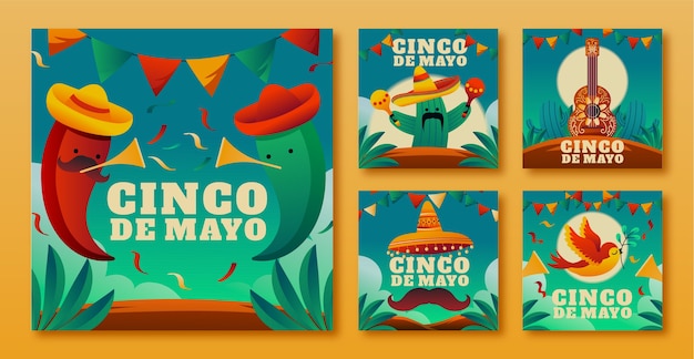 Vettore gratuito collezione di post instagram flat cinco de mayo