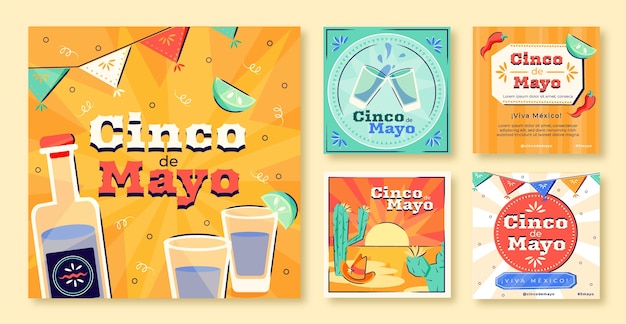 Vettore gratuito collezione di post instagram flat cinco de mayo