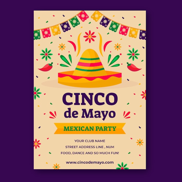 Vettore gratuito modello di poster verticale cinco de mayo piatto