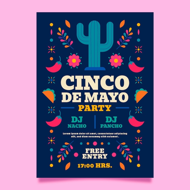 Vettore gratuito modello di poster verticale cinco de mayo piatto