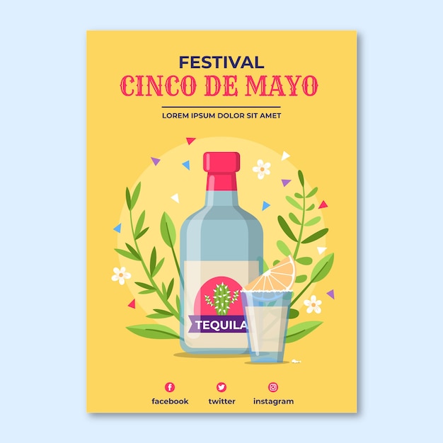 Vettore gratuito modello di poster verticale cinco de mayo piatto