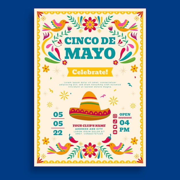 Бесплатное векторное изображение Плоский шаблон вертикального плаката синко де майо
