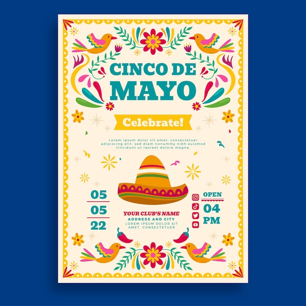 Vettore gratuito modello di poster verticale cinco de mayo piatto