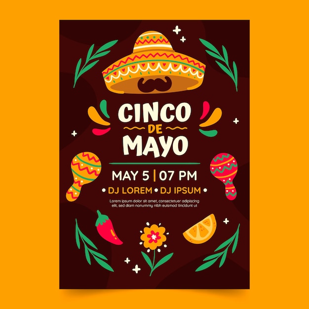 Vettore gratuito modello di poster verticale cinco de mayo piatto