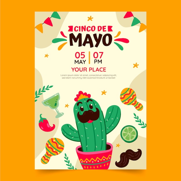 Vettore gratuito modello di poster verticale cinco de mayo piatto