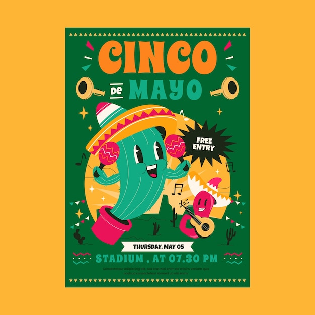 플랫 cinco de mayo 세로 포스터 템플릿