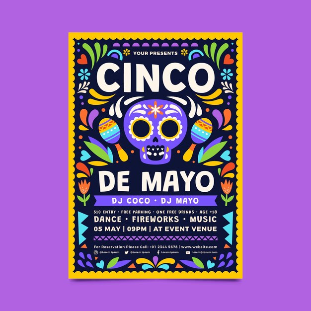 플랫 cinco de mayo 세로 포스터 템플릿