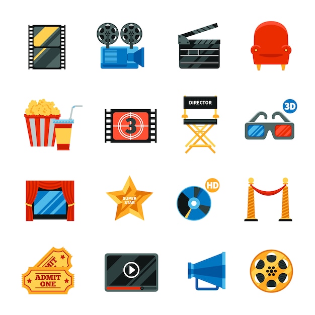 Flat cinema decorative icons set