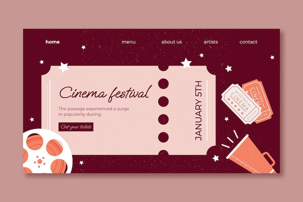 Бесплатное векторное изображение Шаблон целевой страницы фестиваля плоского кино