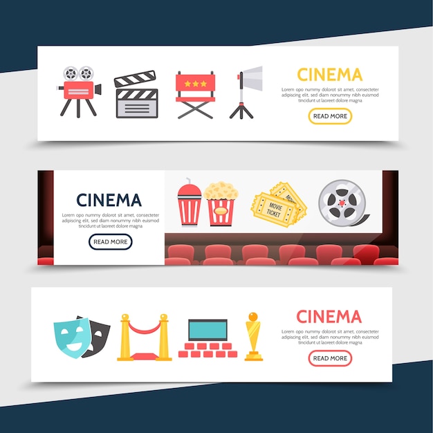 Flat cinema horizontal banners with movie camera clapboard director chair projector soda popcorn