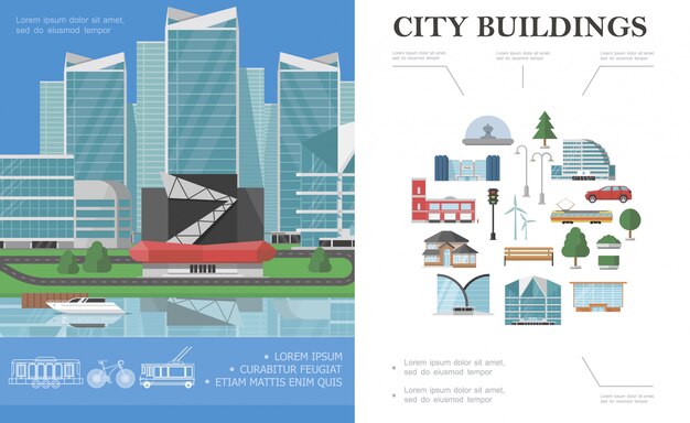 Flat city colorful composition with yacht on water near modern hotel municipal buildings poles tram car bench trees traffic light windmills