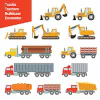 Free vector flat city construction transport  set. excavator crane grader concrete cement mixer roller pit dump truck loader tow wrecker truck. build your own world   collection.