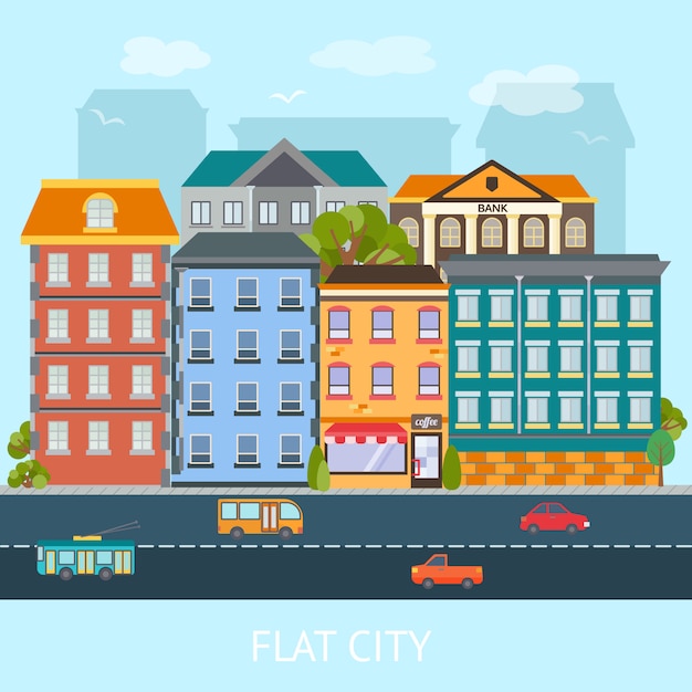 着色された建物と交通機関のベクトル図と道路とフラットシティデザイン