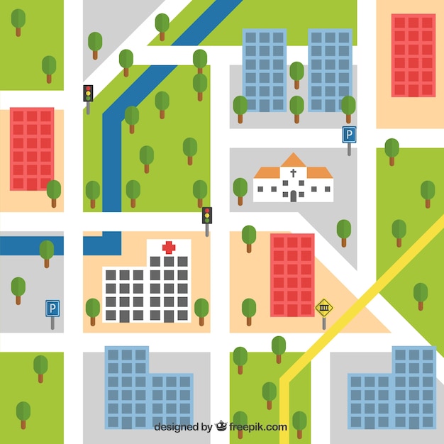 Flat city map with roads and traffic lights