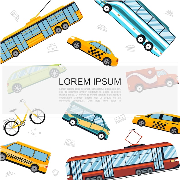 Шаблон плоского городского общественного транспорта с автобусом, трамваем, троллейбусом, велосипедом, автомобилем, такси, автомобилем