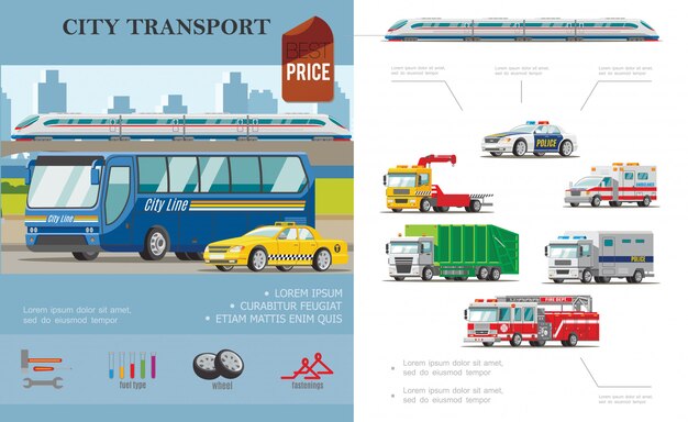 Flat city transport composition with bus taxi ambulance cars tow fire and garbage trucks