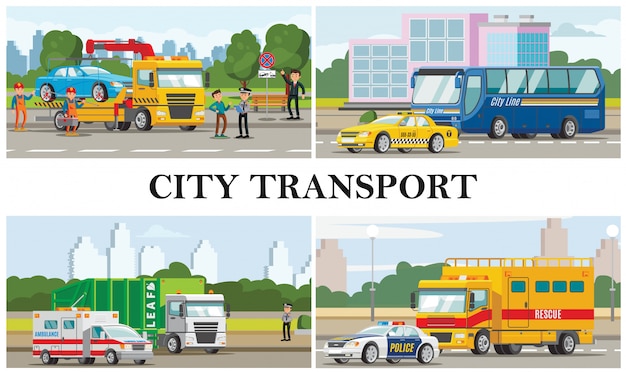 Flat city transport composition with taxi ambulance police cars bus garbage fire and tow trucks