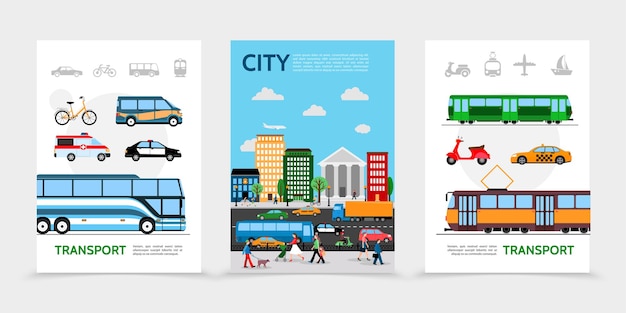 Flat city transport posters with bicycle van ambulance police car bus tram scooter taxi people on street urban road