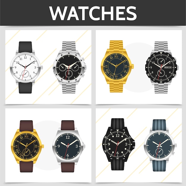 Flat classic expensive watches square concept with gold silver metal and leather bracelets illustration