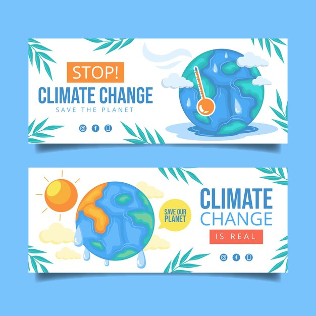 Flat climate change horizontal banners set