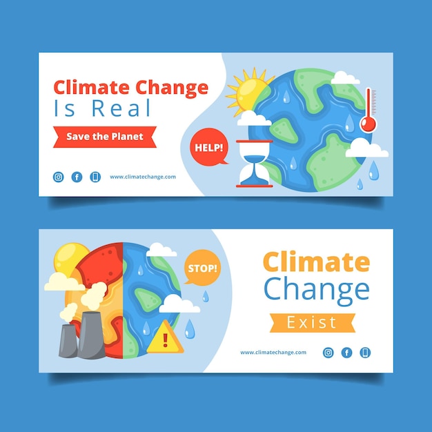 Flat climate change horizontal banners set