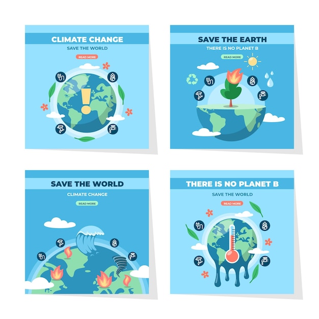 無料ベクター フラットな気候変動のinstagramの投稿コレクション