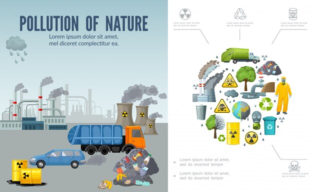 Плоская композиция загрязнения климата с мусоровозом, автомобильные бочки с отходами заводских дымоходов, земляное дерево, человек в маске защитного костюма, перерабатывающий знак