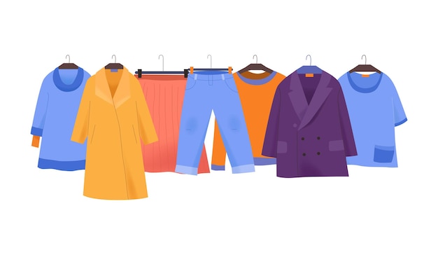 Плоская иллюстрация магазина одежды с красочным пальто, куртка, юбка, брюки, футболка для женщин на вешалках