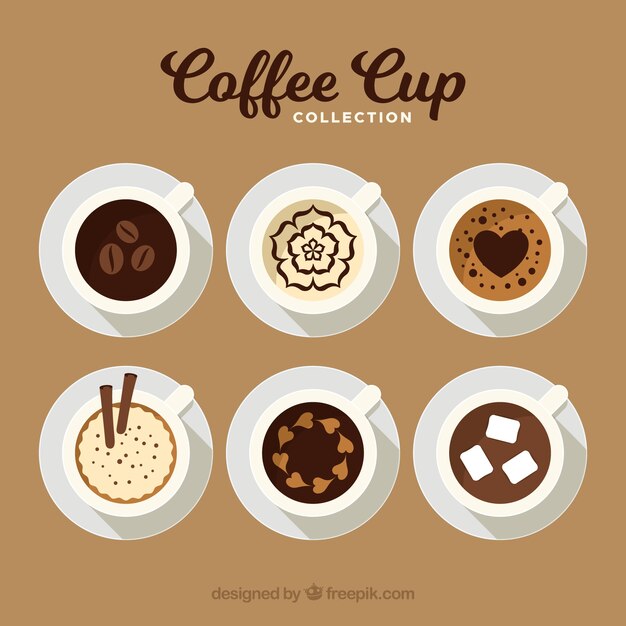 Flat coffee cup collection with top view