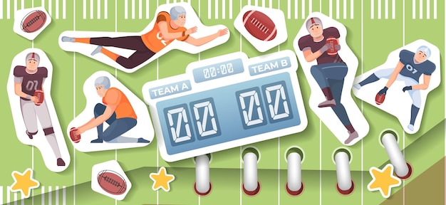 Flat collage with american football players and balls on green paper with spiral background vector illustration