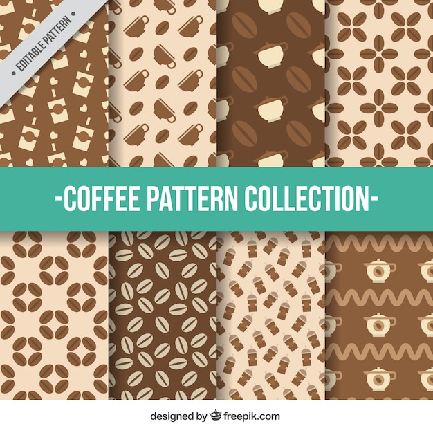 Flat collection of coffee patterns in brown tones