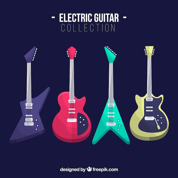 Flat collection of colored electric guitars