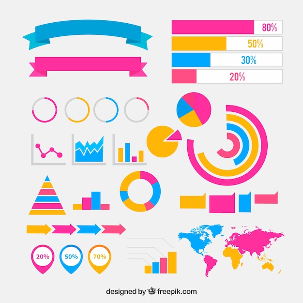Flat collection of colored elements for infographics