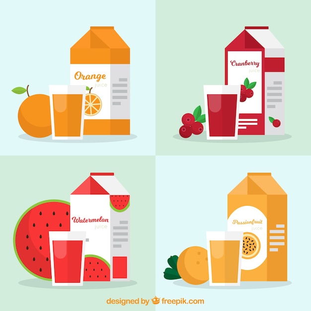 Flat collection of containers with fruit juices