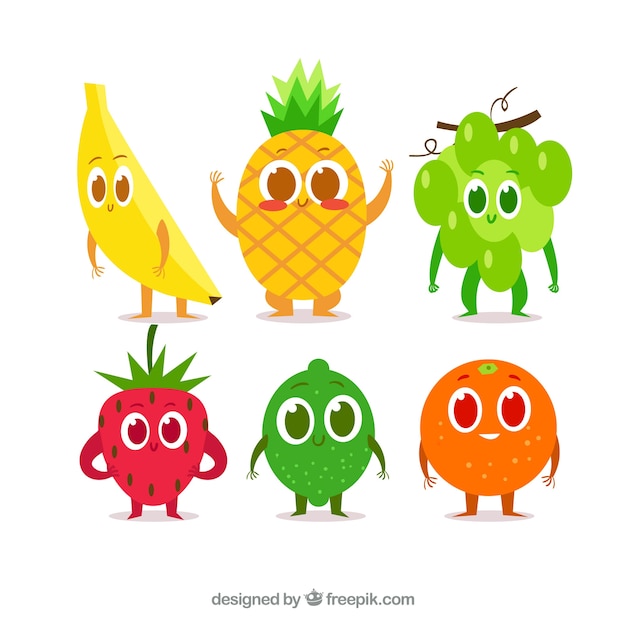Плоская коллекция симпатичных персонажей фруктов