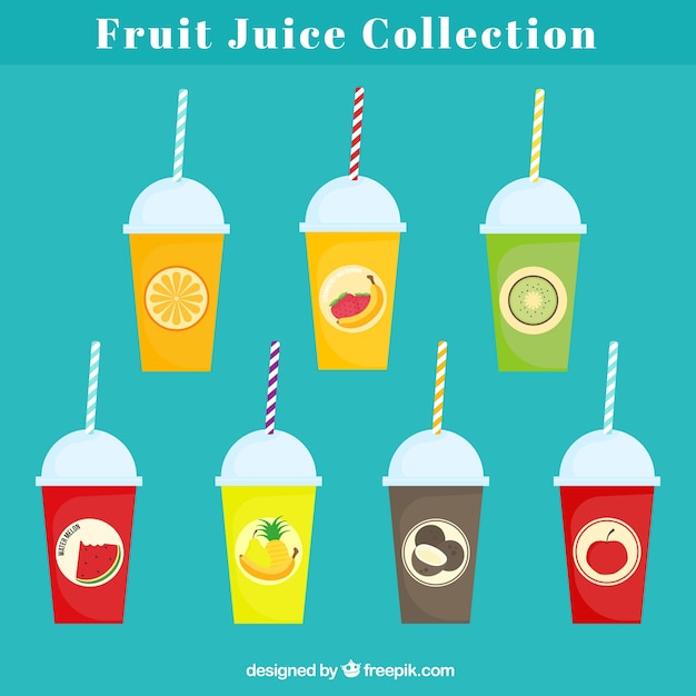 Flat collection of different fruit juices