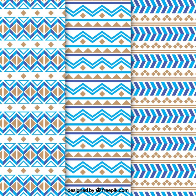 파란색과 갈색 형태의 민족 패턴의 평면 컬렉션