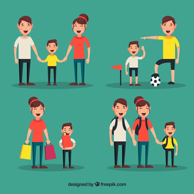 Flat collection of family doing different activities