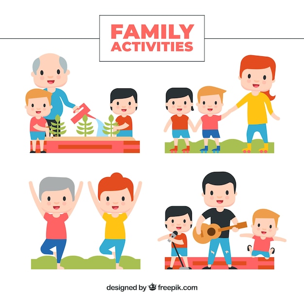 Flat collection of family doing different activities