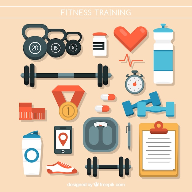 Flat collection of fitness items