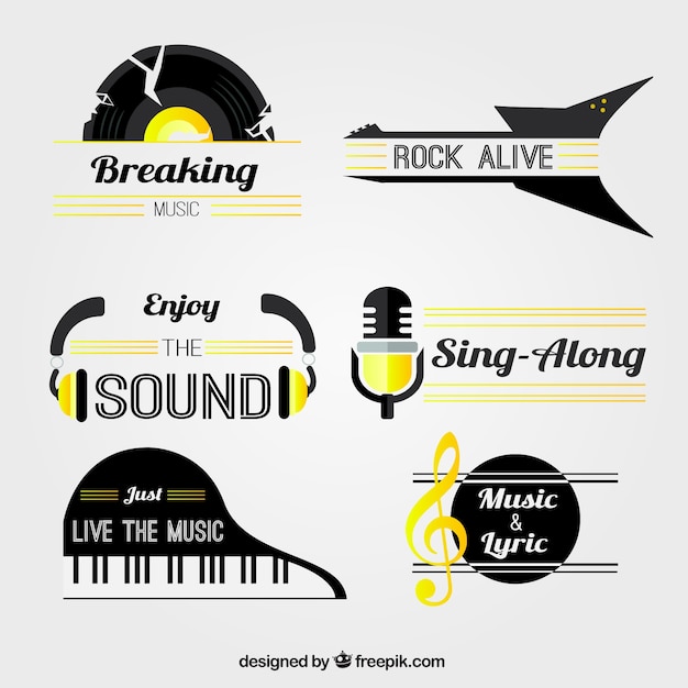Flat collection of music stickers with yellow details