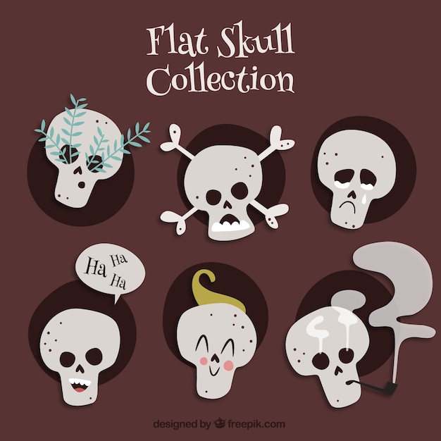 Free vector flat collection of six funny skulls