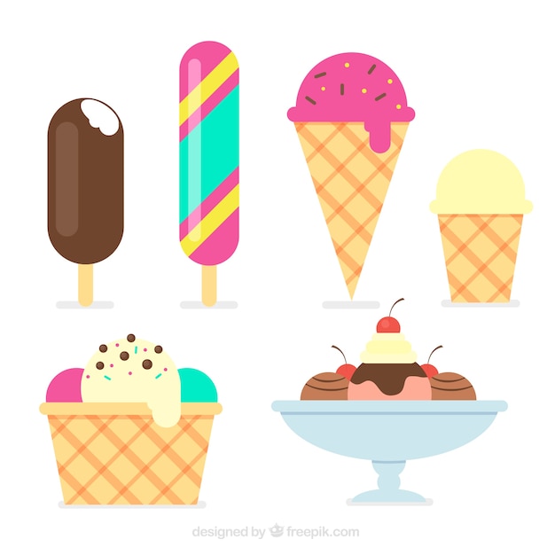 Vettore gratuito collezione piatta con diversi tipi di gelati