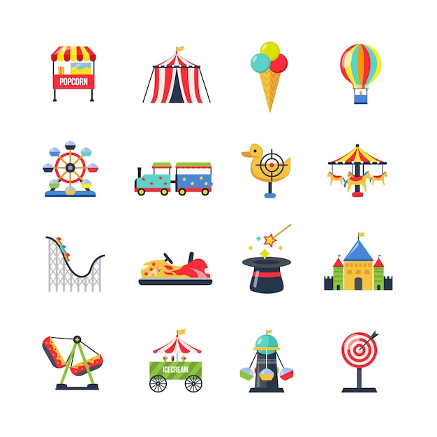 Free vector flat color isolated amusement park icons