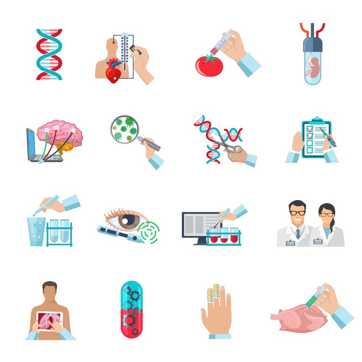 Free Vector  flat color scientific icons set of biotechnology  genetic engineering and nanotechnology isolated vector illustration